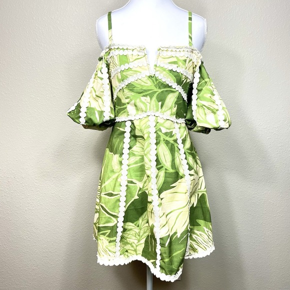 Rachel Roy Circle Trim Puff Sleeve Off Shoulder MiniDress Size 4 Boho Tropicart - Picture 2 of 15